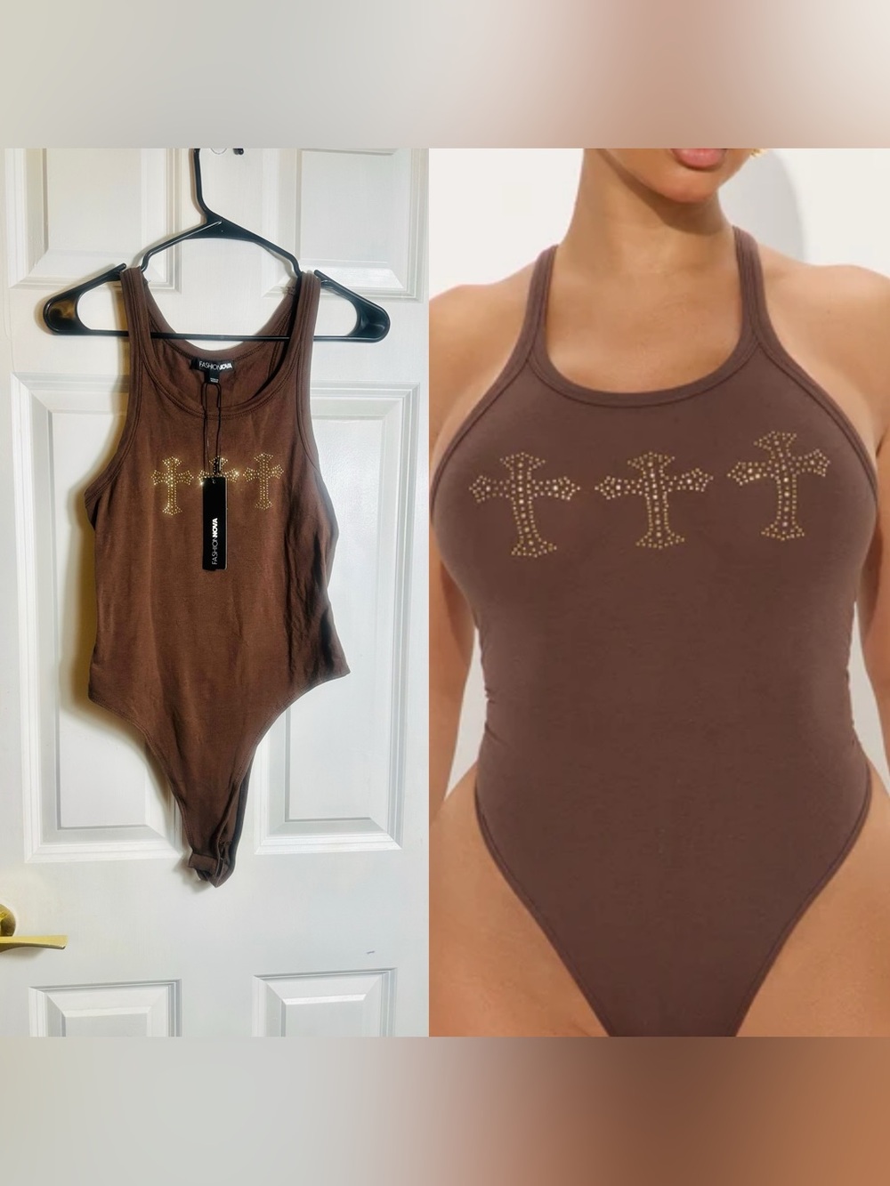 Fashion Nova Chocolate Brown Rhinestone Cross Tank Bodysuit